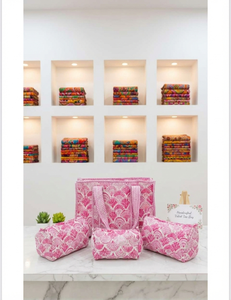 Elegant Quilted Cotton <b>Tote</b> <b>Bag</b> <b>with</b> Perfectly Matched Toiletry Pouches Lightweight Canvas Lining Zipper Closure Summer Shopping - Product Image 3