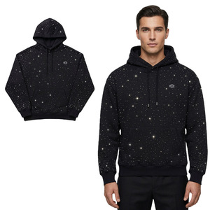 เสื้อฮู้ดผู้ชายประดับเพชรเทียม 400 GSM เสื้อฮู้ดวิบวับสำหรับผู้ชาย สีดำ สตรีทแวร์ แบบสวมหัว ผลิตตามสั่ง OEM แฟชั่น - Product Image 1