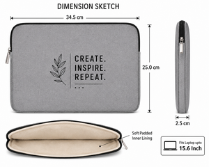 Simple Gray Canvas Cotton Laptop Sleeve with Create Inspire <b>Repeat</b> Print Zipper Closure Protective Cover for Laptops - Product Image 2