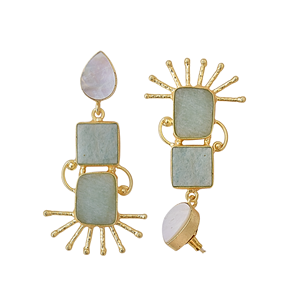 Boucles d'oreilles pendantes Laxmi Jewelers pour femmes, en amazonite et perle d'eau douce, laiton plaqué or 24 carats, design tendance, cadeau religieux hindou - Product Image 2