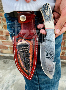 Cuchillo de caza OEM Wirecut de acero de Damasco, tipo Skinner, con mango de asta de ciervo, hoja fija, para camping, actividades al aire libre y EDC, con funda de cuero. - Product Image 3