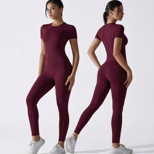 <b>Top</b> Selling Gym Wear Yoga Activewear Workout Sets Fitness Women <b>Running</b> Suits Solid Color Crew Neck Short Sleeve High Waist - Product Image 1