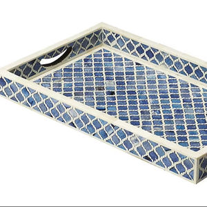 Juego de 2 bandejas con incrustaciones de hueso estilo marroquí, hechas a mano, ecológicas, para servir comida/té, para cocina y restaurante, bandejas decorativas - Product Image 1