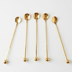 Cuillères à bar en acier inoxydable doré avec manches en spirale et extrémités sphériques, design minimaliste pour les fêtes - Product Image 1