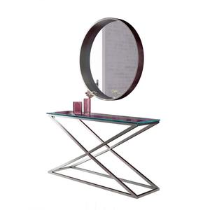 Escritorio Moderno Contemporáneo para Recibidor con Tapa Espejada Convertible de Hierro y Base de Metal Plateado Pulido - Product Image 1