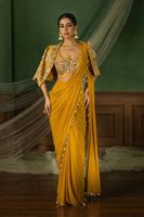 Sari en crêpe de soie prêt-à-porter avec blouse et veste entièrement brodées de sequins pour les détaillants et fournisseurs de vêtements ethniques en gros