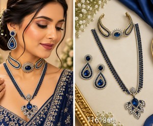 Ensemble de colliers élégants en pierre AD double couche, comprenant un collier ras-du-cou et un long collier en diamant américain brillant, avec boucles d'oreilles pendantes assorties, vente en gros - Product Image 3