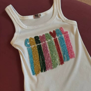 <b>Beaded</b> Carnaval Embroidery Tank Top White Cotton Ribbed Knit Sleeveless Vest Women Summer Party Wear Casual Round Neck Top Shirt - Product Image 1