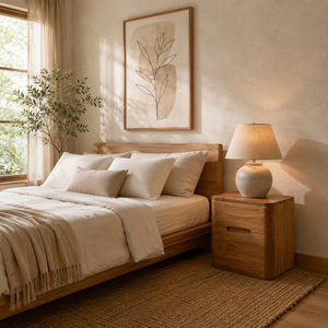 Mesa de Noche de Teca Sólida de Primera Calidad, Diseño Minimalista, Línea Curva, Mueble de Dormitorio Moderno con Cajón de Almacenamiento - Product Image 4
