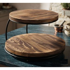 Metal 2 Tier <b>Pizza</b> Stand Wooden Tray Round <b>Shape</b> For Tableware Decorative Hotel Restaurant Cafe Usage - Product Image 3