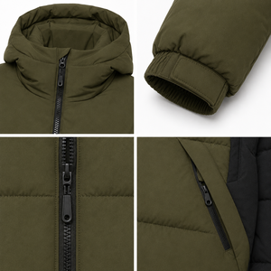 Factory Direct Winter Puffer <b>Jacket</b> Color Block Panels Insulated Hood Custom Embroidery Smooth Black Polyester Lining Outerwear - Product Image 4