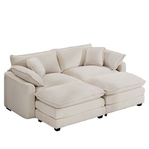 Divano a Due Posti in Velluto a Coste Beige Chiaro con Pouf, Divano Letto per Piccoli Spazi Abitativi, Include 2 Poggiapiedi - Product Image 4