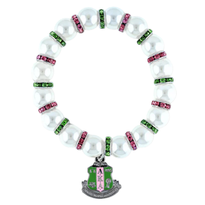 White Pearl <b>Bracelet</b> with Green Pink Rhinestone Spacers and Shield Charm Stretch Fashion Jewelry Gift for Women Wear - Product Image 6