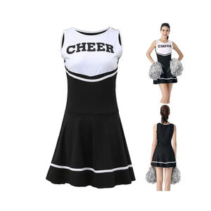 Robe de majorette noire et blanche pour femmes, sans manches, avec imprimé Cheer et pompons pour adultes, et accessoire pour cheveux avec nœud - Product Image 1