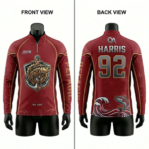 เสื้อเจอร์ซีย์ตกปลาแขนยาวสำหรับผู้ชาย 180 GSM ผ้าโพลีเอสเตอร์ซับเหงื่อ ระบายอากาศได้ดี  โลโก้แบบซับลิเมชั่นสั่งทำพิเศษ  แผงสีแดง เสื้อเจอร์ซีย์ตกปลาสำหรับผู้ชาย - Product Image 1