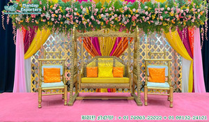 Décoration de balançoire en bois abordable pour les cérémonies de mariage Balançoire musulmane Mehndi Sangeet/Jhula Décoration de balançoire en bois doré UK - Product Image 5
