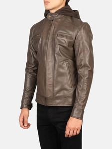 Mens Hooded Cheetah Brown Leather <b>Jacket</b> - Product Image 2