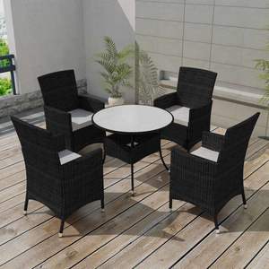 Set da pranzo da esterno in 5 pezzi in Poly Rattan nero con cuscini per uso giardino - Product Image 1