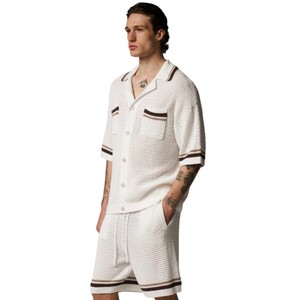 <b>Men</b> Crochet Knitted <b>Stripe</b> <b>Shirt</b> Short <b>Sleeve</b> Button Down Summer Casual Knitwear Top OEM Wholesale Custom Supply - Product Image 1