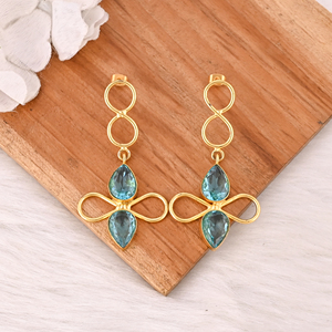 Boucles d'oreilles pendantes en laiton plaqué or avec topaze bleue hydrogénée, bijoux faits à la main, tendance - Product Image 4