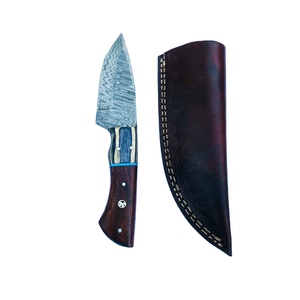 Cuchillo de caza de acero de Damasco hecho a mano personalizado, cuchillo de hoja fija para acampar, mango de madera con Funda de cuero - Product Image 1
