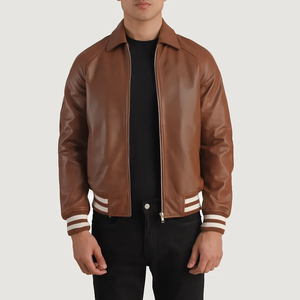 <b>Men's</b> Black and Brown <b>Leather</b> Bomber <b>Jacket</b> Turn-down Collar Zipper Closure Regular Fit Autumn Wear - Product Image 4