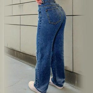 กางเกงยีนส์เดนิมผู้หญิงทรงสกินนี่และขาตรง แต่งมุกหรือประดับด้วยหมุด สไตล์ลำลองแบบดิสเทรส ราคาขายส่ง - Product Image 6