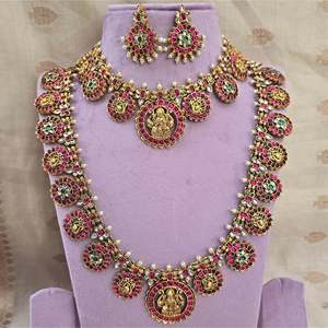 South Indian Lakshmi Coin Semi Bridal <b>Wedding</b> <b>Necklace</b> <b>Set</b>-Alloy Gold Plated Designer Fine Jewelry with Zircon Earrings - Product Image 1