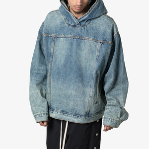 Sudadera con Capucha de Alta Calidad, Estilo Hip Hop, Lavado Ácido, Azul Desgastado, Oversize, con Logotipo de Pedrería en la Parte Delantera, Estampado Digital a Cuadros - Product Image 1