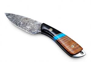 High contrast acid <b>etched</b> twist damascus steel prep Utility <b>Tool</b> Black Horn ,Turquoise Stone & Natural Wood Handle - Product Image 1