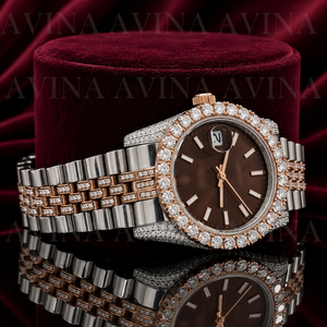 Montre analogique mécanique de luxe en moissanite glacée, verre acier inoxydable, bracelet 20 mm, lunette pavée, affichage de la date marron pour homme - Product Image 2