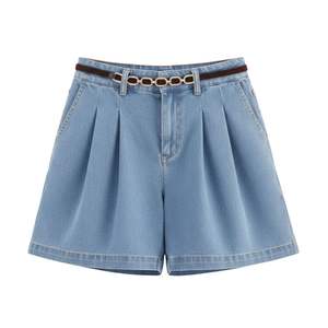 Shorts en jean plissés bleu foncé à jambes larges, taille haute avec ceinture, pour femme, tenue d'été tendance - Product Image 5