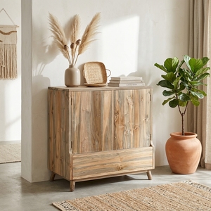 Modern Solid Wood <b>Storage</b> Cabinet Elegant 2 Door Accent Cabinet Furniture With Bottom <b>Drawer</b> For Rustic Living Room Setup Design - Product Image 3