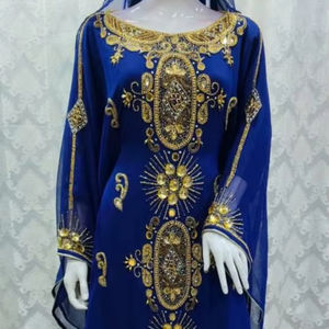 Kaftan Abaya en Chiffon Bleu Royal avec Broderie Dorée Zari Délicate et Hijab Assorti - Robe de Soirée Formelle Élégante Jalabiya - Product Image 1