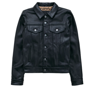 Wholesale <b>Mens</b> Black <b>Faux</b> <b>Leather</b> Trucker <b>Jacket</b> Button Front Dual Chest Flap Pockets Stand Custom Motorcycle Streetwear - Product Image 1