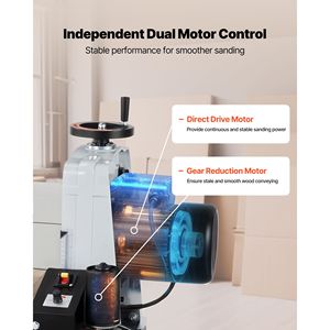 Levigatrice a Tamburo a Doppio Motore da 22 Pollici per Lavorazione del Legno, 1.75HP, 1440RPM, Velocità Variabile, con Tavoli di Estensione e Supporto per Legno - Product Image 4