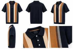Mens <b>Navy</b> Blue & Camel Vertical Stripe Polyester Quick Dry Casual for Shirt - Product Image 6