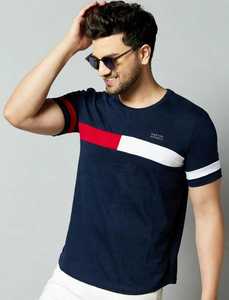 T-shirt décontracté à manches courtes pour homme ONETEN, col rond, tricoté, avec logo frontal, blocs de couleur et bordure contrastante, coupe classique - Product Image 4