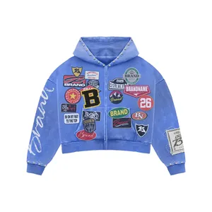 Blue Patchwork Studded Cropped <b>Zip</b> Hoodie | Heavy Graphic Collage Oversized Streetwear Jacket | Custom OEM Apparel - Product Image 1