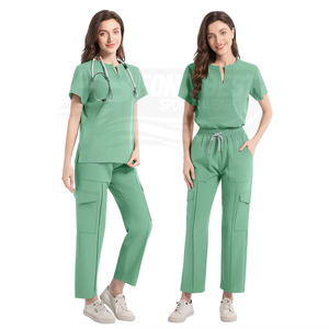 Ensemble de blouses médicales pour femmes, col en V, manches courtes, avec poches, vert, coton et polyester, uniformes d'hôpital, design personnalisé - Product Image 2