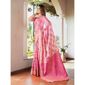 Sari Patola en organza rose Elite Weaves avec détails tissés Zari, robe de soirée élégante, 600g en stock - Product Image 3