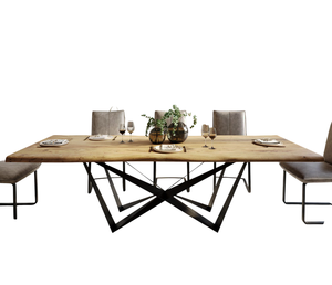 Table de salle à manger en bois d'acacia massif à bord naturel, motif grainé riche, style industriel, avec pieds en métal noir et finition naturelle, pour cuisine et restaurant - Product Image 3