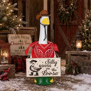 Statue de canard avec tenue de cowboy occidentale, chapeau et bandana rouges, panneau rustique à suspendre pour décoration de porche et d'entrée - Product Image 1