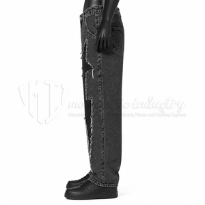 Jeans amples pour hommes, écologiques, respirants, noirs délavés, taille mi-haute, avec surpiqûres contrastées, style streetwear, vente en gros - Product Image 5