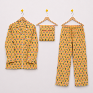 Ensemble de pyjama décontracté pour femmes, imprimé floral, 100% coton, col rabattu, manches trois-quarts, cordon de serrage, vêtements de nuit, printemps été - Product Image 1