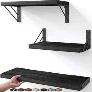 Set di 3 Mensole Galleggianti in Rattan, Organizzatore Minimalista per Spazi Piccoli, Decorazione per Soggiorno, Nero - Product Image 1