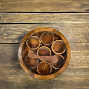 Caja de Especias Redonda de Madera de Palisandro Hecha a Mano, con Tapa de Vidrio Transparente, 7 Contenedores, 1 Cuchara, Hecho a Mano, Venta al Por Mayor - Product Image 6