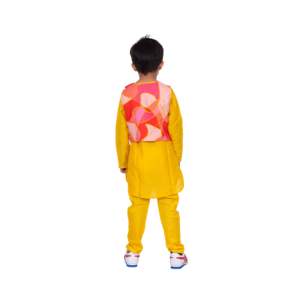 Boys XL Full Sleeves Cotton Kurta-<b>Pyjama</b>-Jacket Yellow & Coral All-Over Printed - Product Image 3