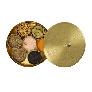 Luxury Brass Finish Metal <b>Spices</b> <b>Box</b> Round Masala Dani Set with Etched Lid 7 Compartments Kitchen <b>Spice</b> Storage Container <b>Box</b> - Product Image 1