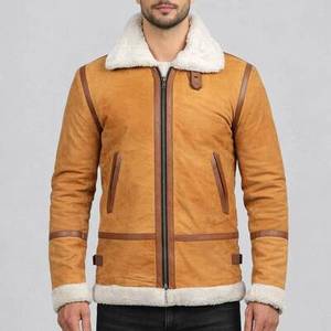 <b>Mens</b> <b>Light</b> Brown Genuine Leather Waterproof Winter Streetwear Shearling <b>Jacket</b> - Brown Shearling <b>Jacket</b> Leather - Product Image 5
